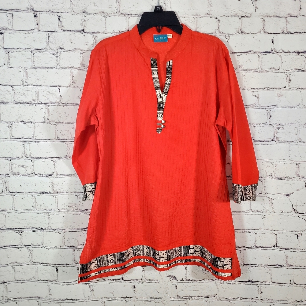 LA Fille Brand RED BLACK WHITE Size XXL 3/4 Sleeves TRIBAL PRINT TRIM Tunic